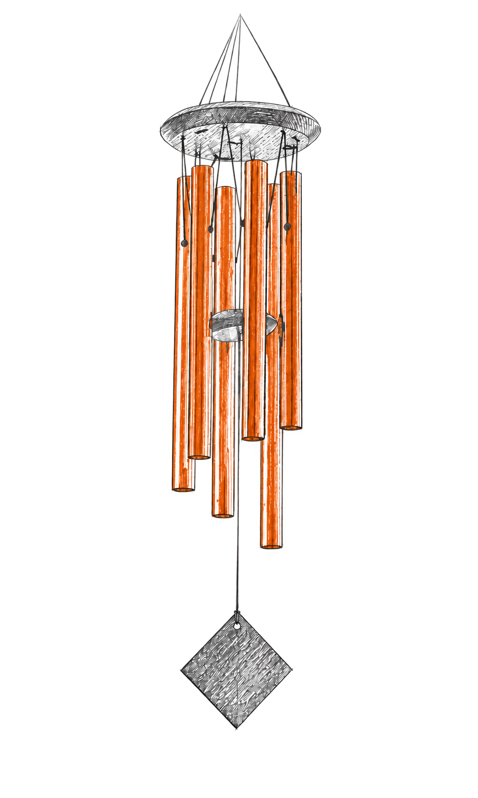 A graphite and orange wind chime drawing on aged paper